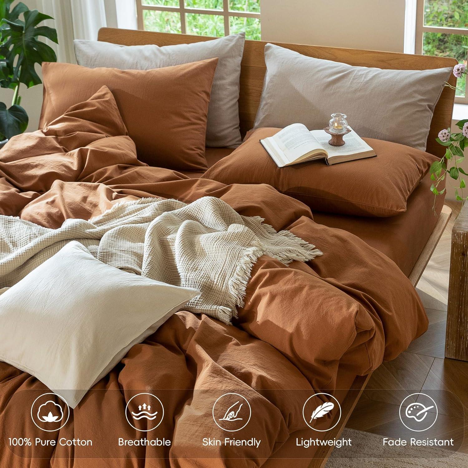 MOOMEE 100% Washed Cotton Linen Like Textured Duvet Cover Set