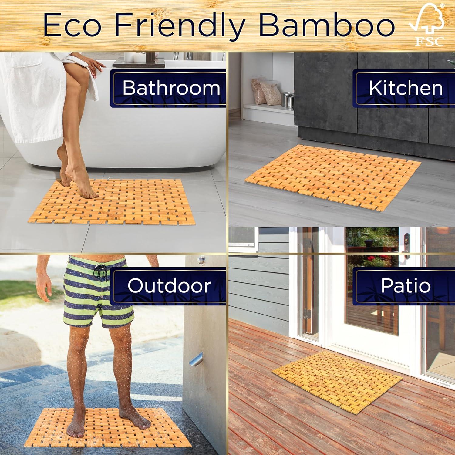 SereneLife Bamboo Bath and Shower Mat, Non-Slip Floor Mat with Extra Grips, Slatted Design, Natural Finish for Bathroom, Spa, Sauna - Rollable and Easy to Clean