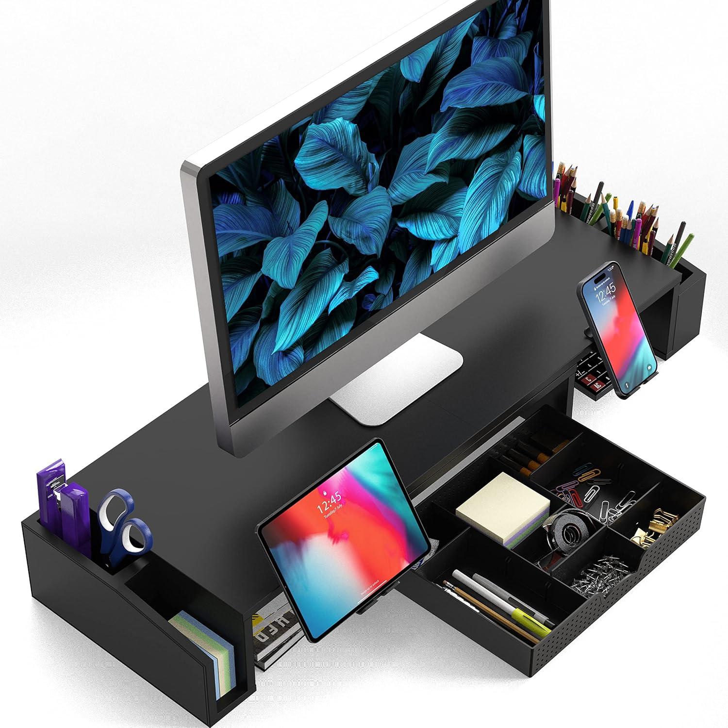 Desk Dual Monitor Stand Riser with Drawer, Black