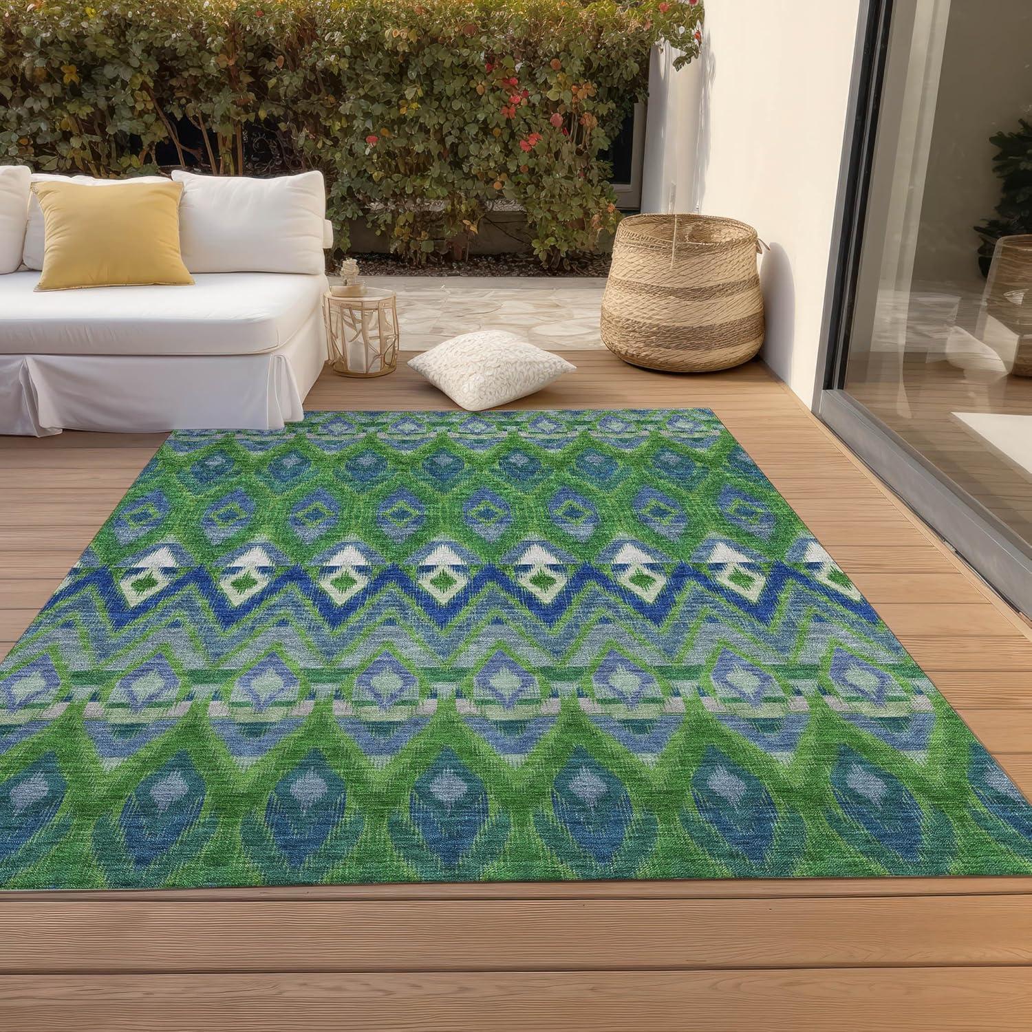 Green and Blue Synthetic Washable Rectangular Area Rug