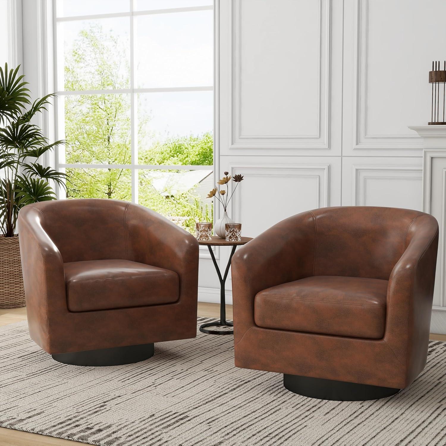 Brown Faux Leather Swivel Barrel Accent Chairs Set of 2