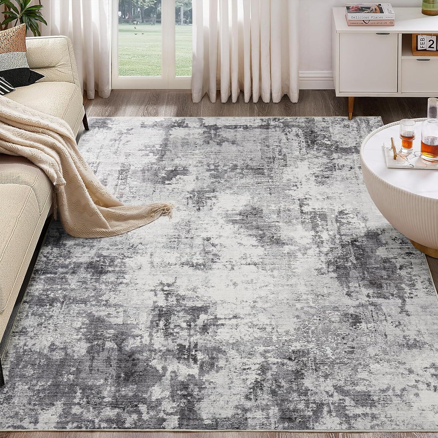 Gray Abstract Washable 9' x 12' Synthetic Area Rug