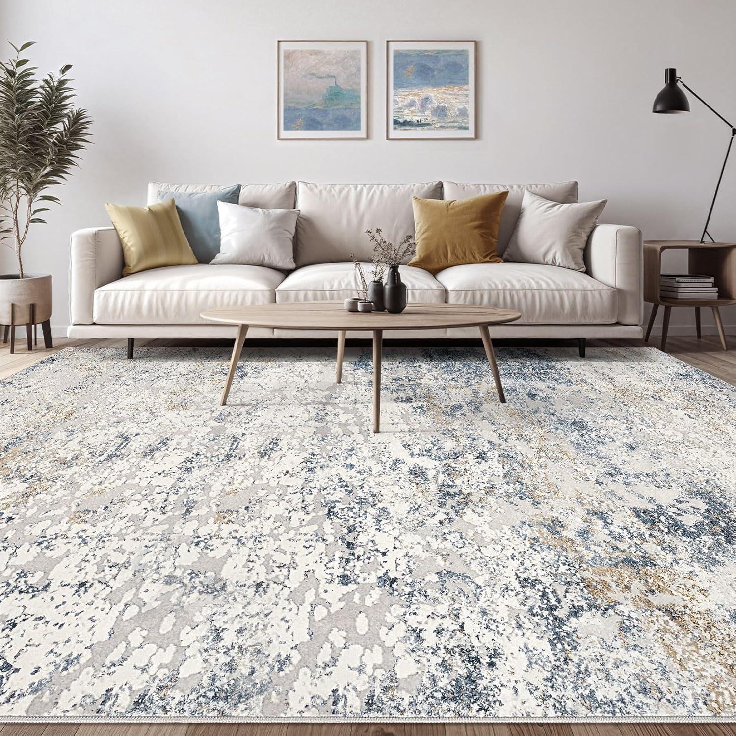 Area Rug Living Room Rugs - 5x7 Abstract Large Soft Indoor Washable Rug Neutral Modern Low Pile Carpet for Bedroom Dining Room Farmhouse Home Office - Beige Blue