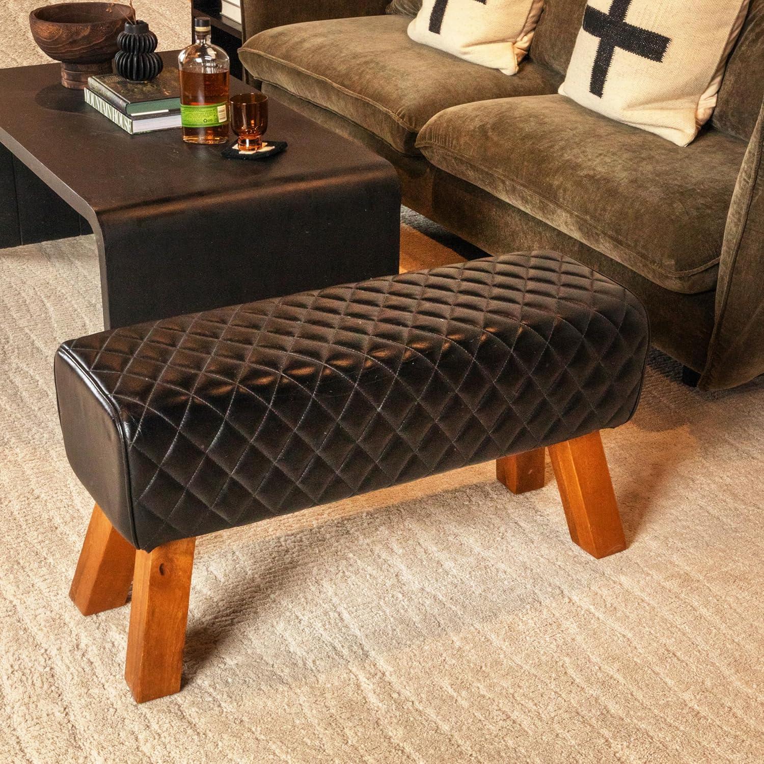 Storied Home Stitched Genuine Leather Bench Black