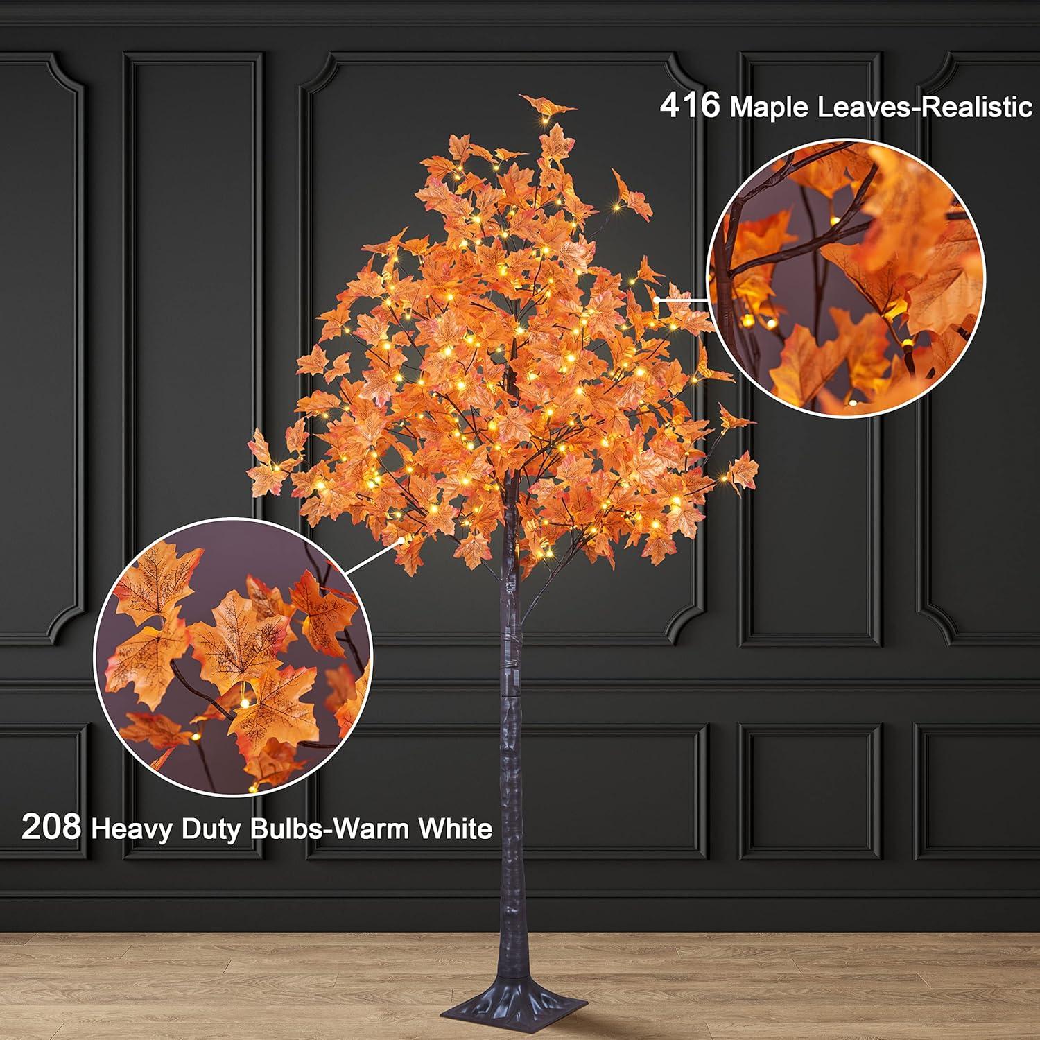 7-Foot White LED Lighted Maple Tree with Orange Leaves