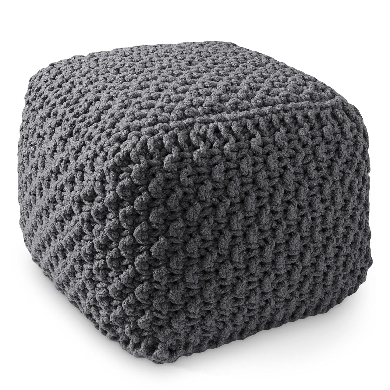 Casafield Casafield Square Pouf Ottoman, Cotton Knit Upholstered Footrest - Black
