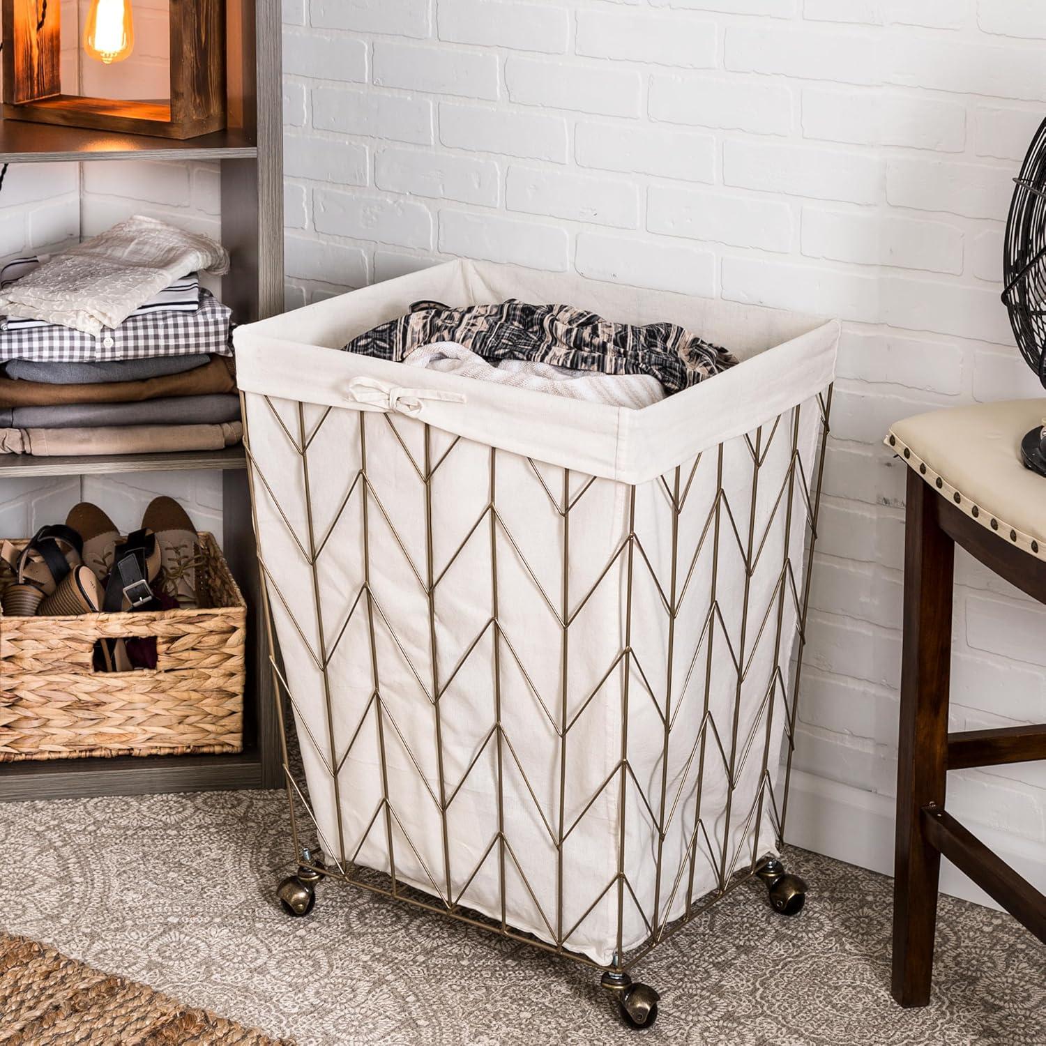 Bronze Chevron Steel Rolling Laundry Hamper with Canvas Liner