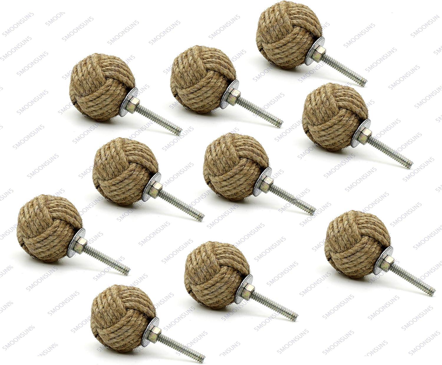 5MoonSun5's Jute Knobs Rope Knot Drawer Pulls and Knobs Pull and Push Handle Knobs for Cabinets, Wardrobes & Kitchen Cupboards Nautical knob Hardware Vintage Decor, 35 mm (Pack of 4)