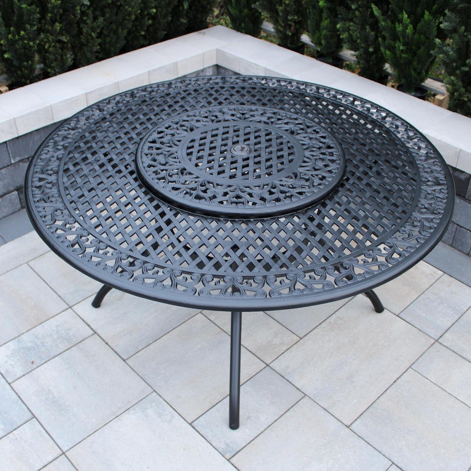 Black Aluminum 59-Inch Round Patio Dining Table with Lazy Susan