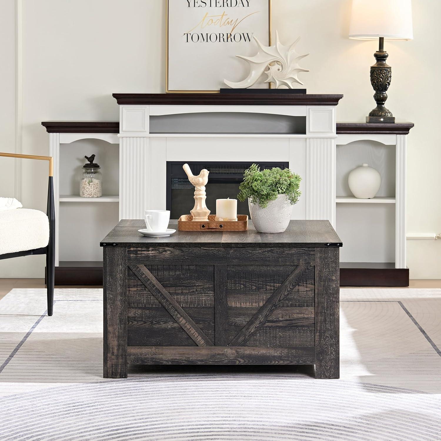 Dark Rustic Oak Square Coffee Table with Storage