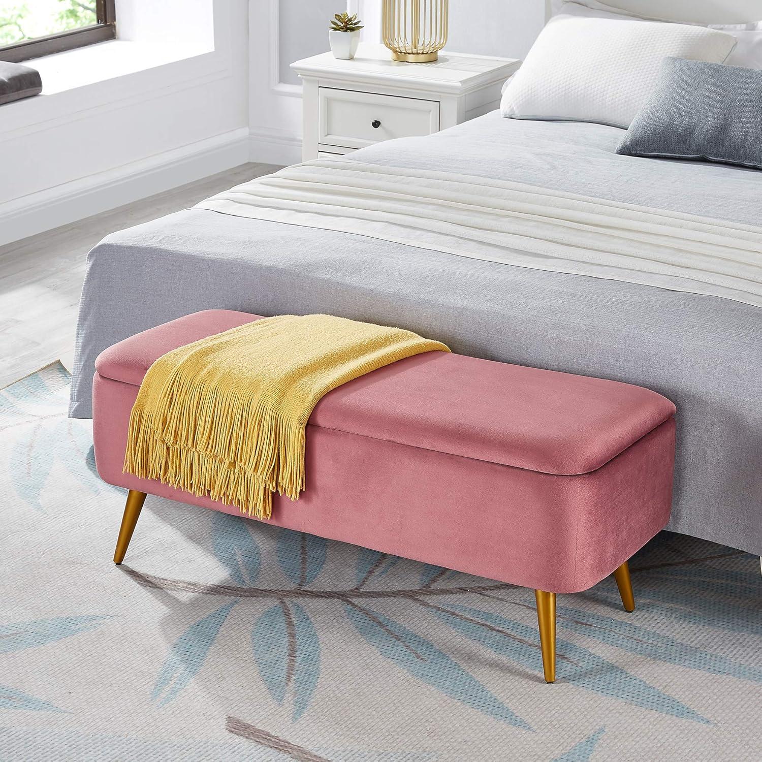 Rose Velvet Upholstered Storage Bench with Golden Metal Legs