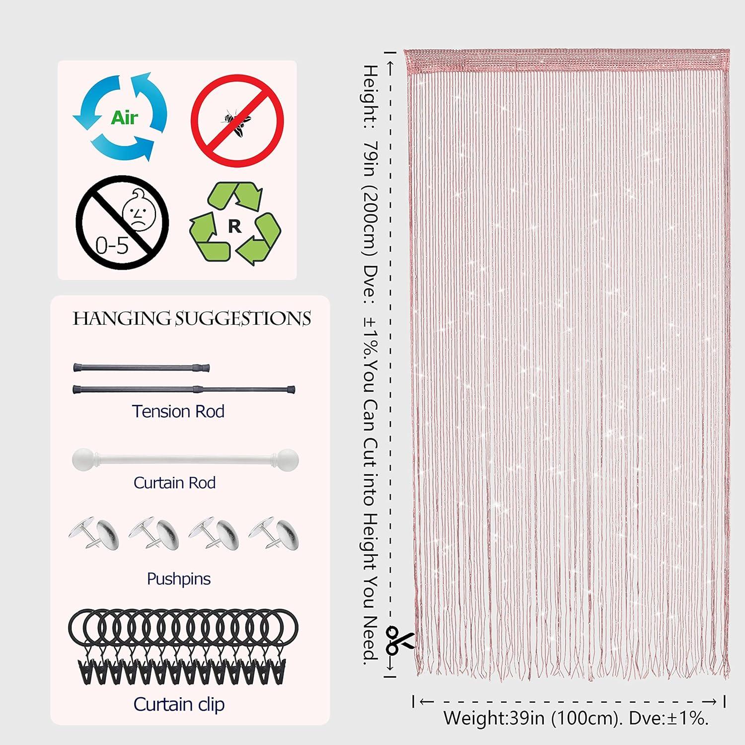 2 PcsString Curtains for Doorways Glitter Beaded Curtains Door Sparkle Beads Curtain Open Closet Laundry Hanging Hippie Glisten Beads Window Girls Panel (Light Pink, 39"×79" in)
