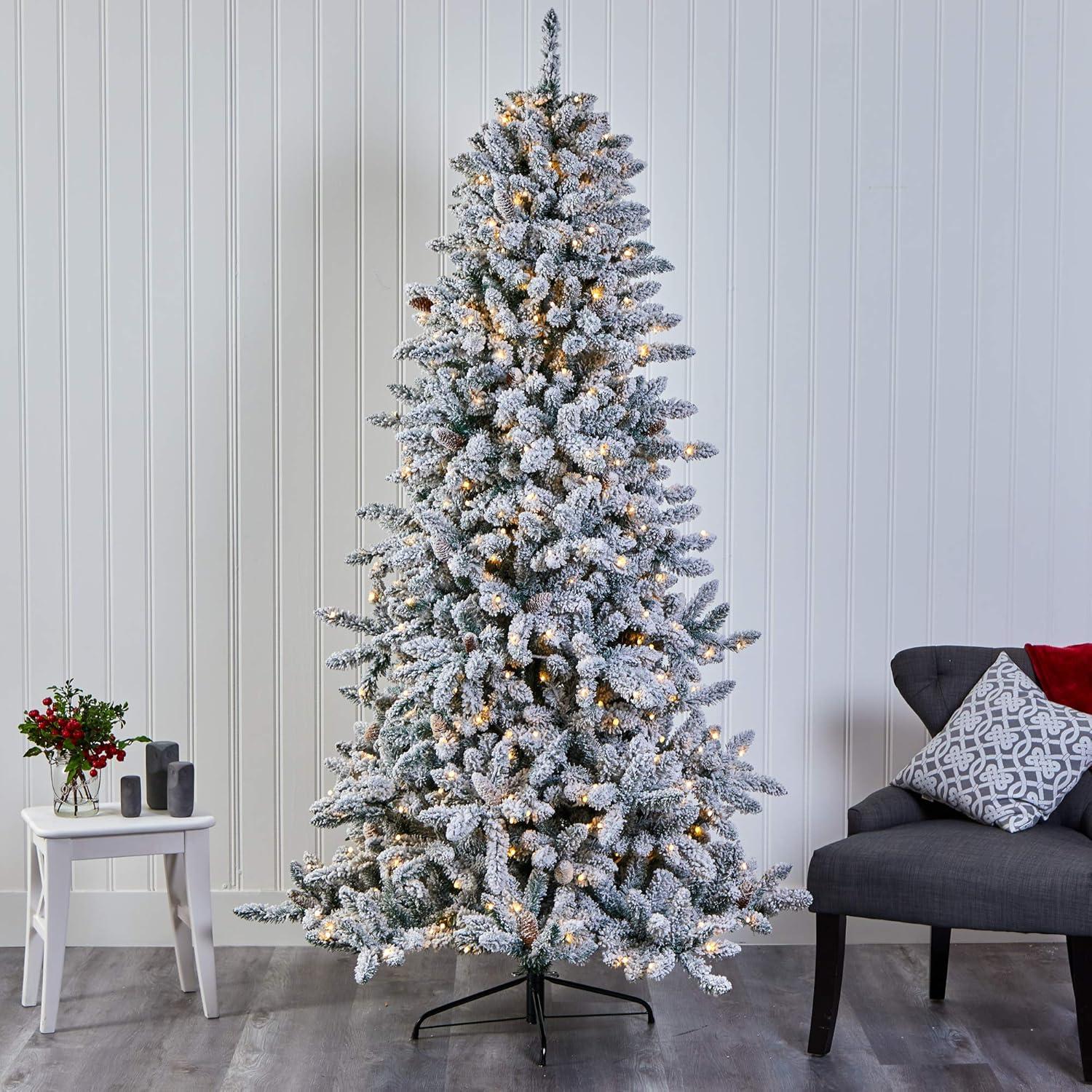 Nearly Natural 7.5' Pre-Lit LED Flocked Slim Livingston Fir with Pinecones, Electric Powered