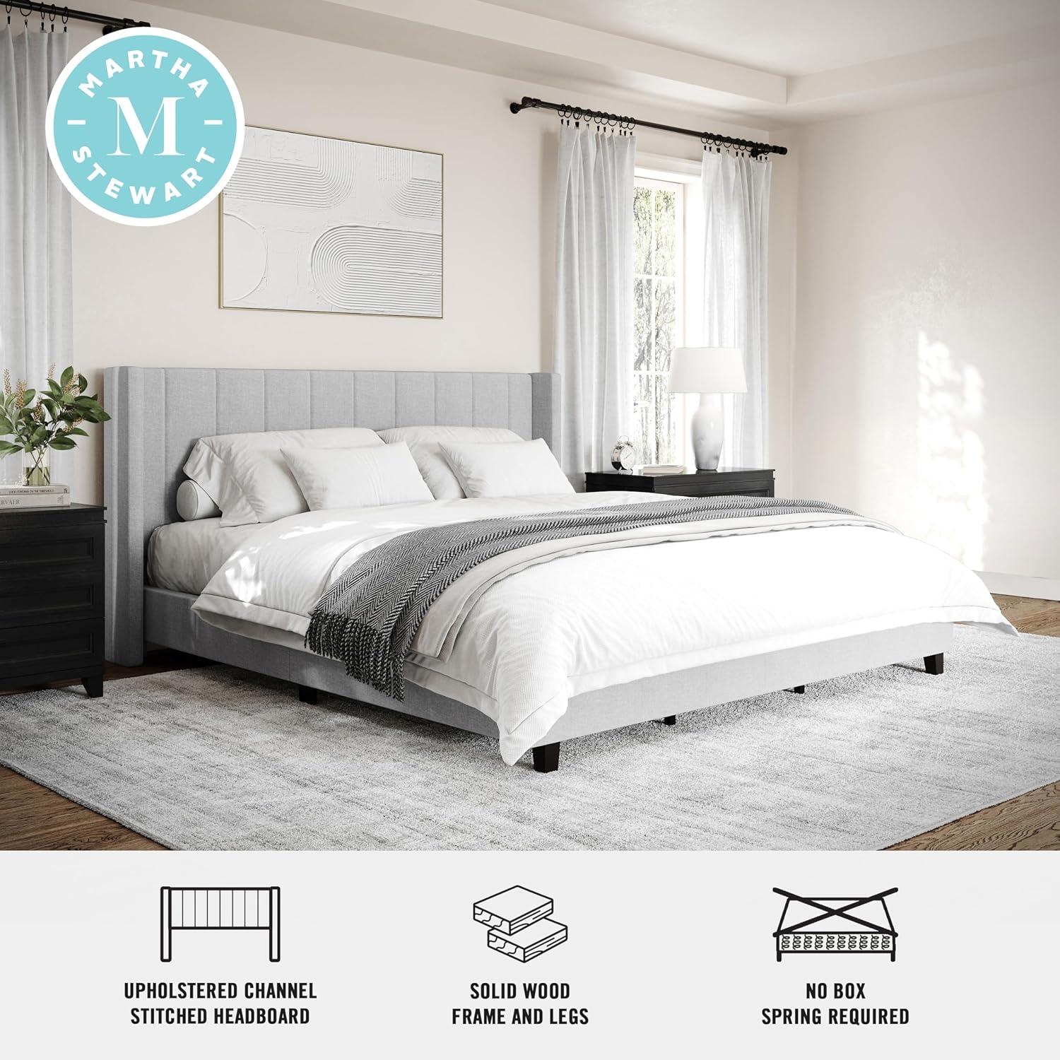 Martha Stewart Kay Upholstered Platform Bed With Channel Stitched Wingback Headboard