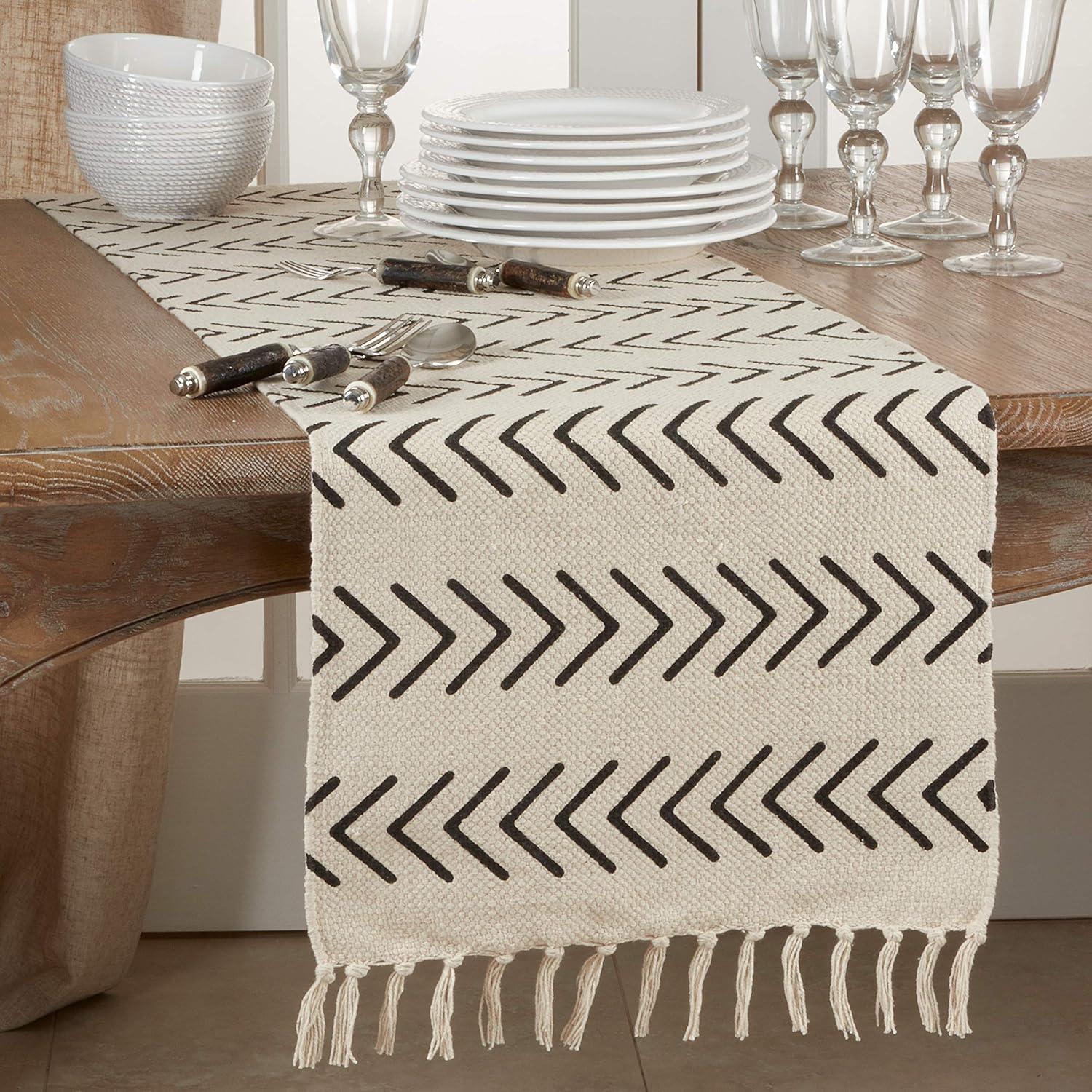 Beige Cotton Chevron Design Table Runner with Fringe