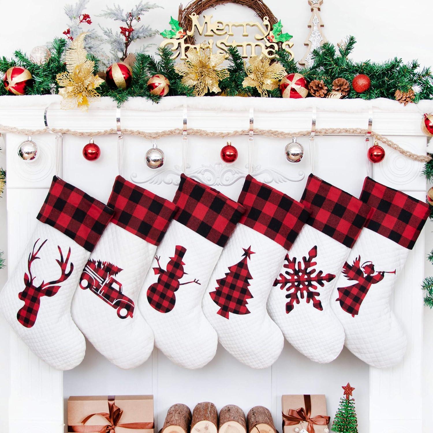 Set of 6 Red Plaid and White Quilted Christmas Stockings