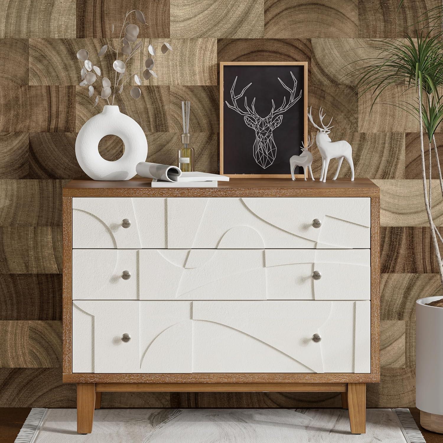 White and Natural Wood Farmhouse 3-Drawer Dresser with Geometric Pattern