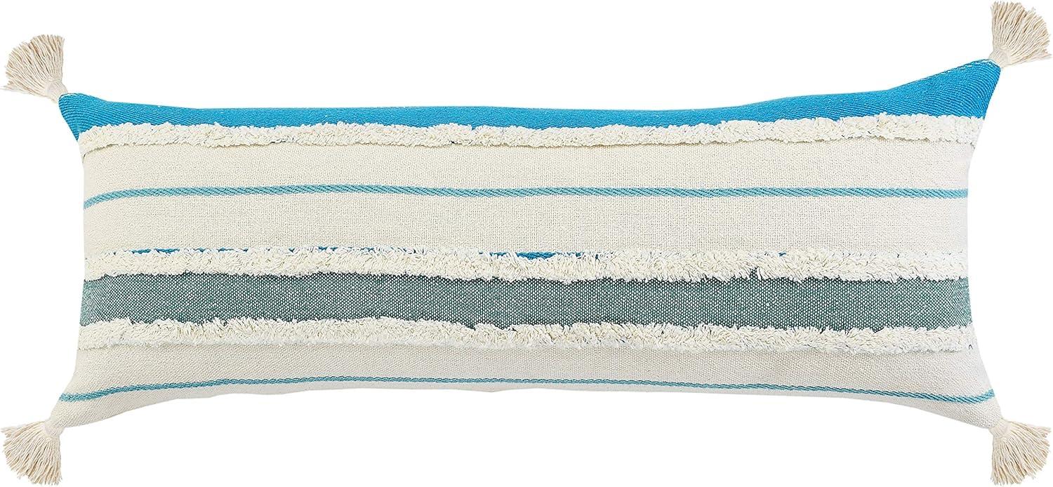 Aqua and White Bohemian Quarry Striped Lumbar Pillow, 14" x 36"