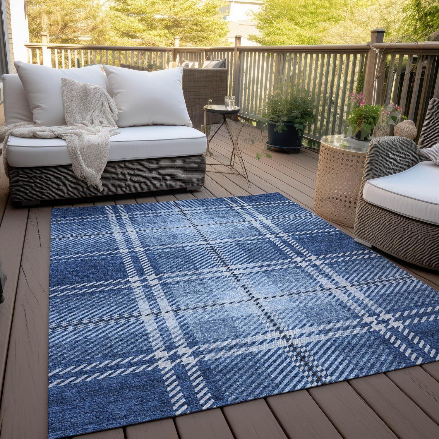 Navy and Light Blue Plaid Synthetic 8' x 10' Indoor/Outdoor Rug