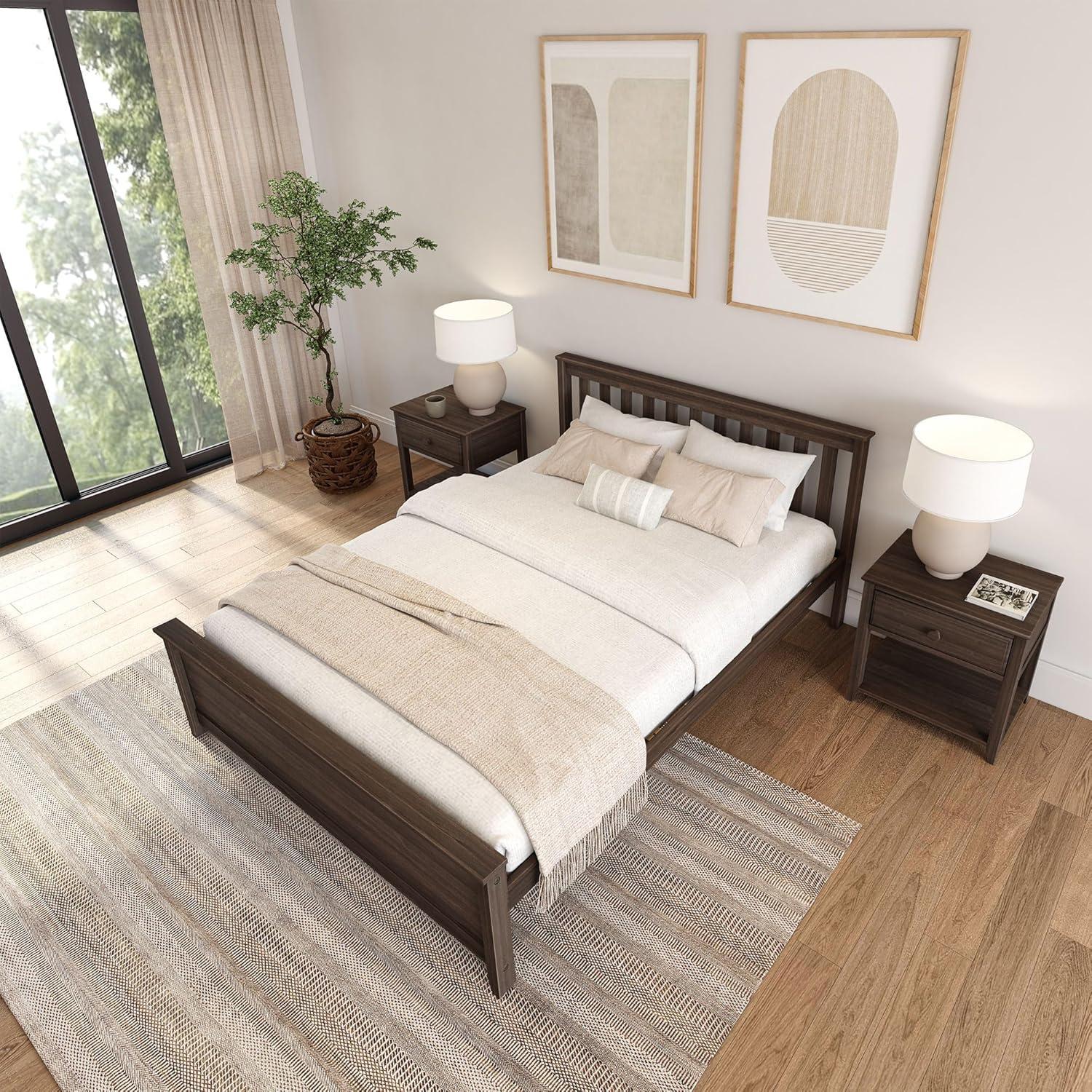 Plank+Beam Queen Bed Frame with Slatted Headboard Solid Wood Platform Bed, No box Spring Needed, Walnut