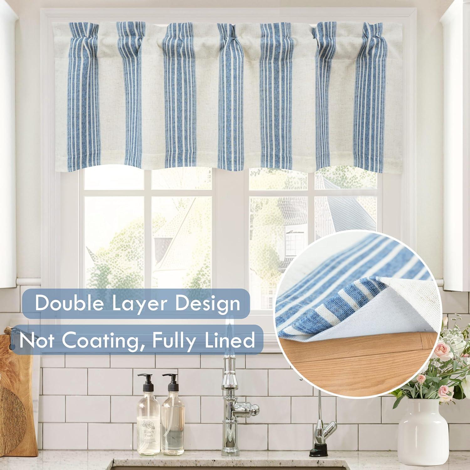 DriftAway Chris Vertical Striped Pattern Linen Textured Thermal Insulated Blackout Window Curtain Valance Rod Pocket 2 Layers Single, 52" x 14" Plus 2" Header, Jean Navy