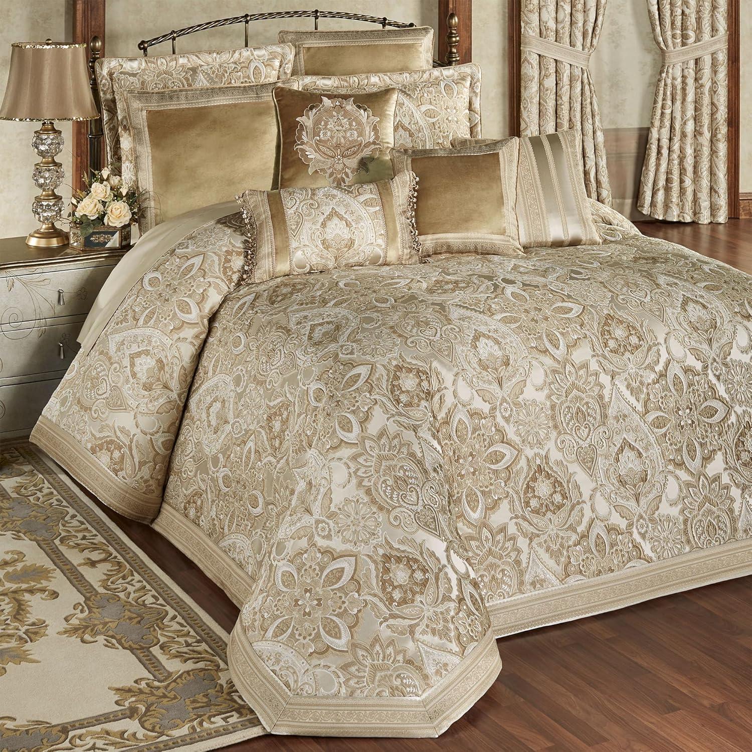 Albany Luxury Bedding | Soothing Neutral Tones of Champagne and Ivory | Jacobean Floral Inspired Damask, Medallions, and Stripes | 3 Piece Bed Set Includes Oversized Queen Bedspread & 2 Standard Shams