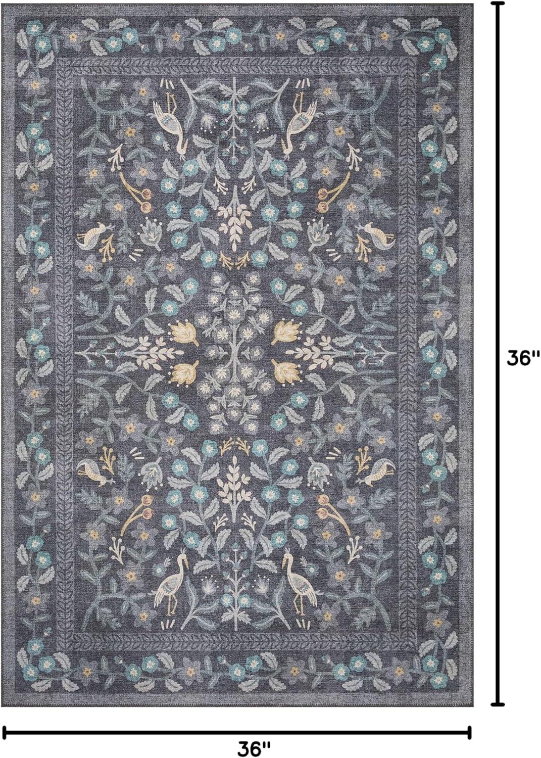 Nightingale Black and Gray Floral Round Synthetic Rug