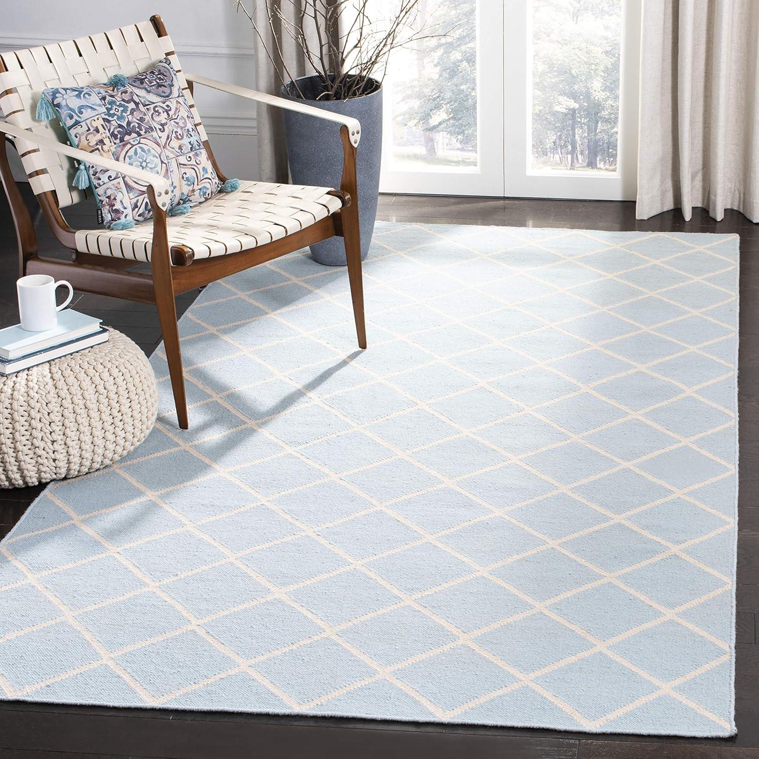 Handmade Light Blue/Ivory Wool Area Rug 8' x 10' - Geometric Design