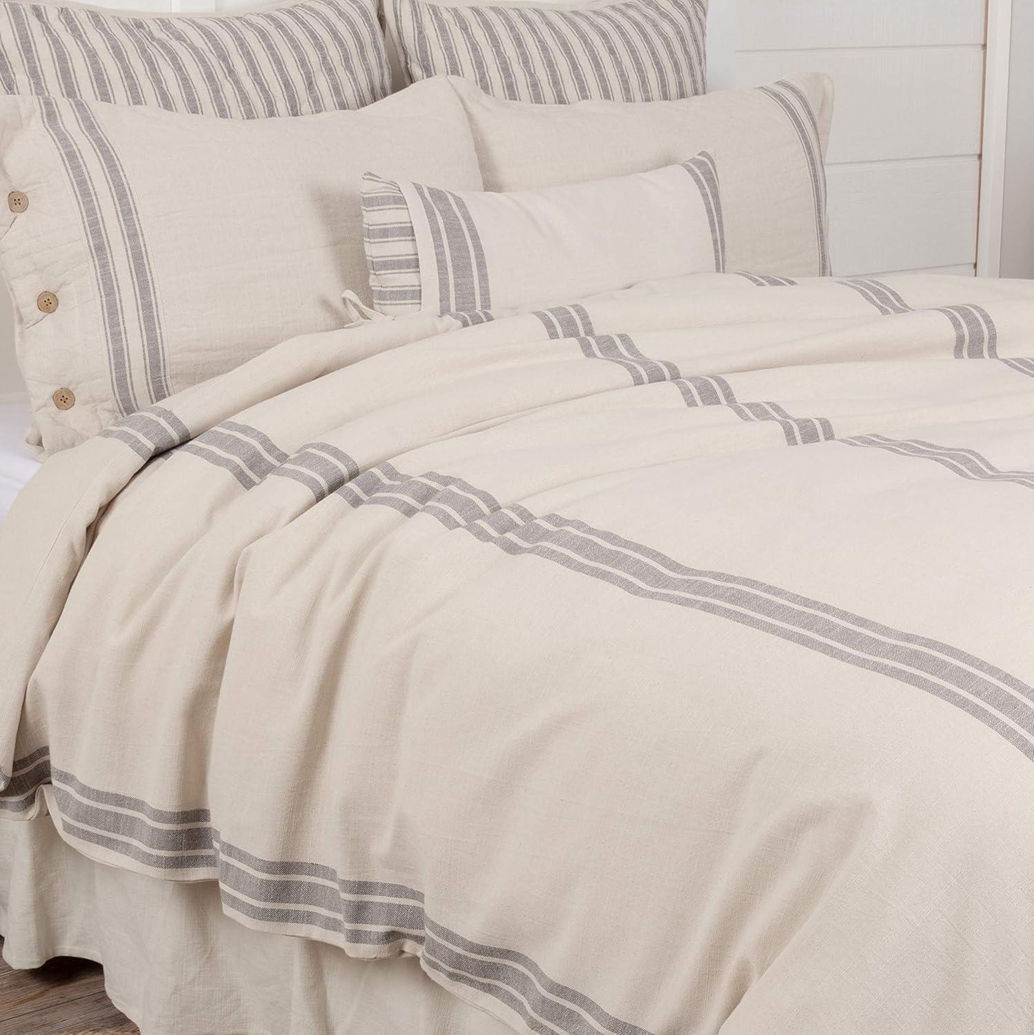 King Size Cream and Gray Cotton Stripe Duvet Cover