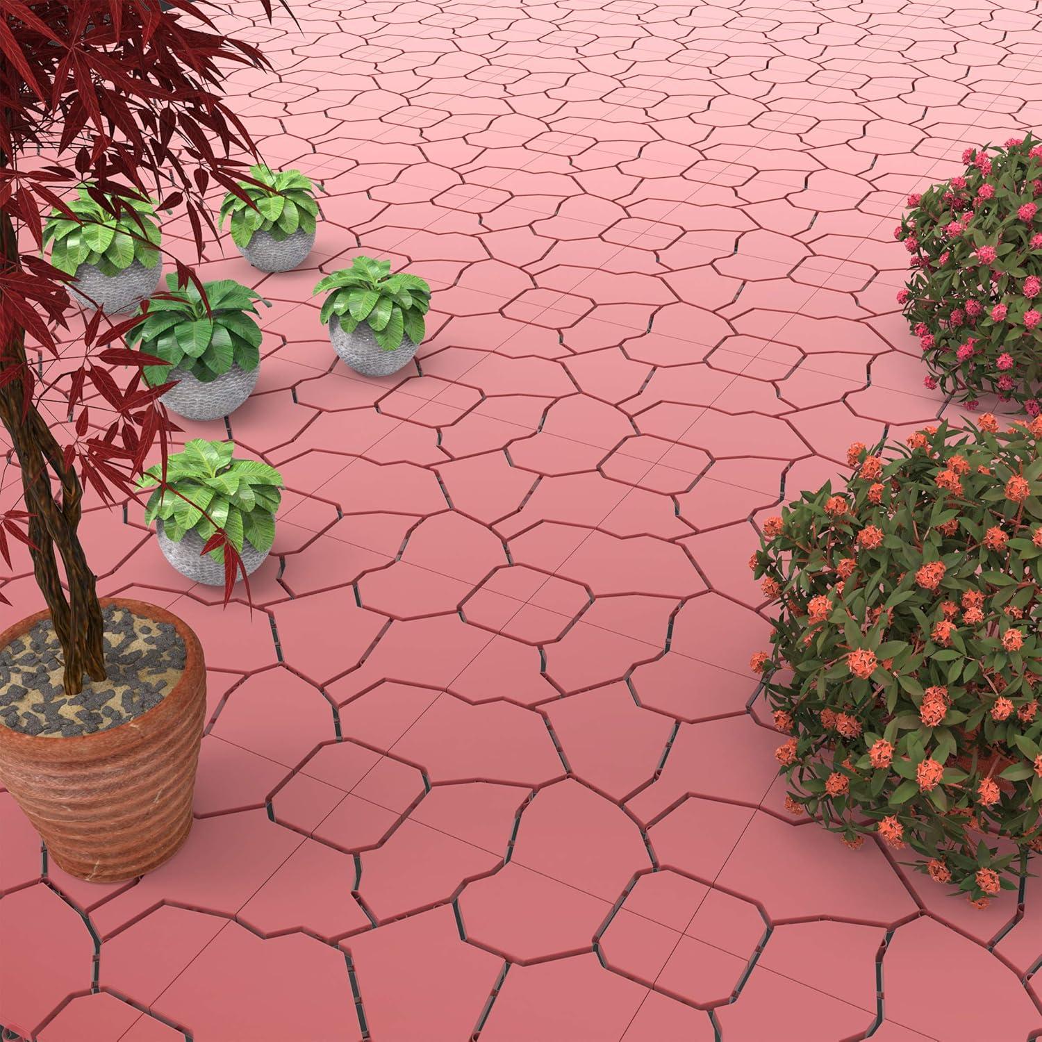 Pure Garden 6-Pack Polypropylene Interlocking Patio Deck Tiles - Weather-Resistant Outdoor Flooring for Balcony, Porch, and Garage (Bridk Red)