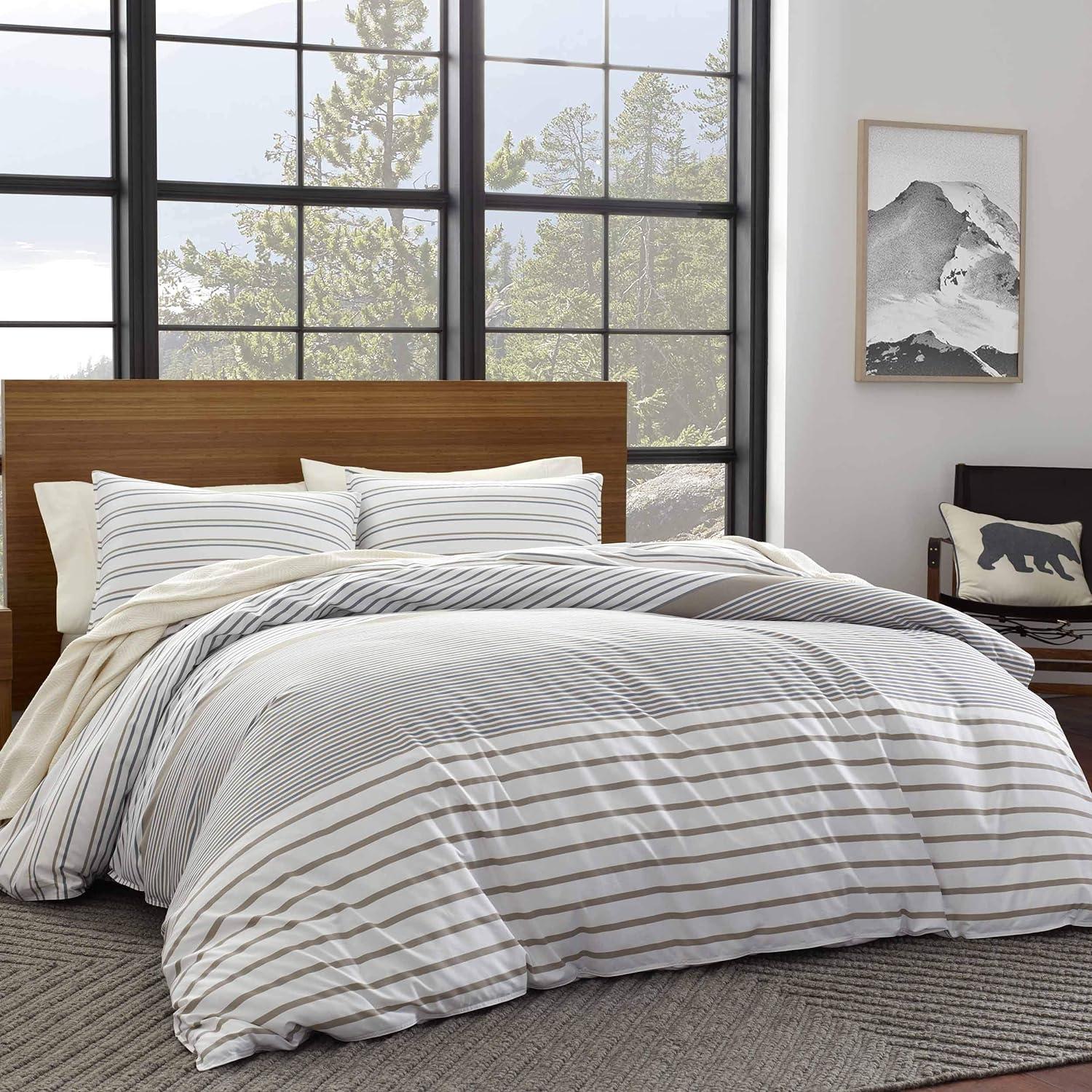 Full/Queen Sandstone and Ivory Cotton Stripe Duvet Cover Set