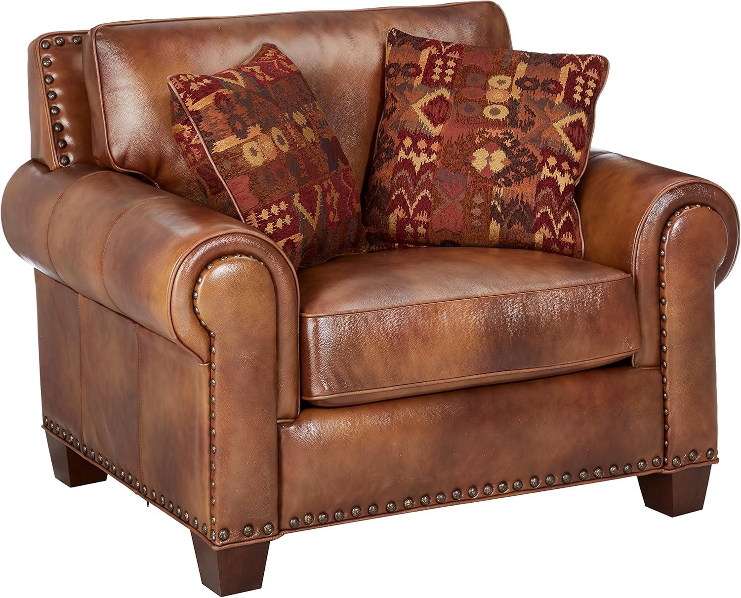 Camel Brown Leather and Wood Traditional Accent Chair