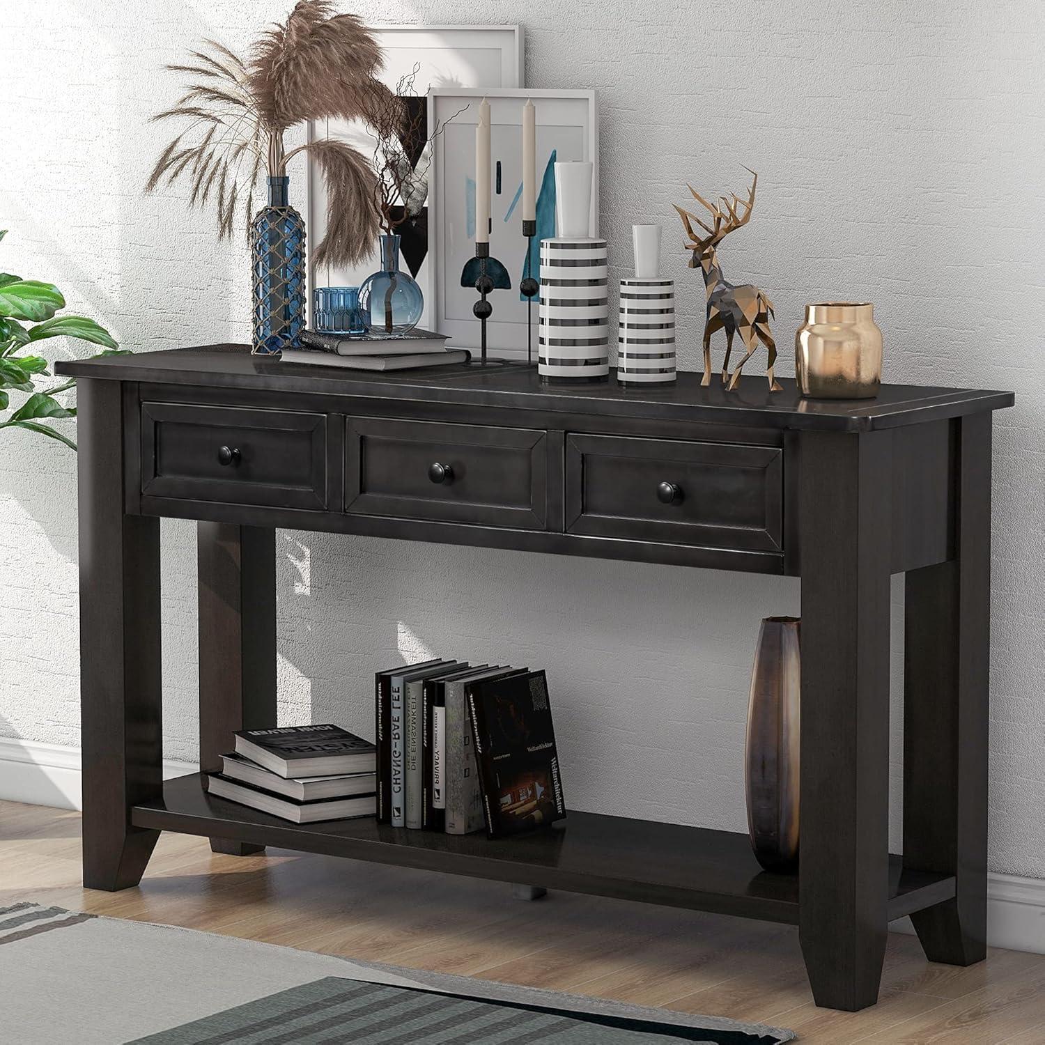 Black Pine Wood Console Table with Drawers and Shelf, 55 Inch