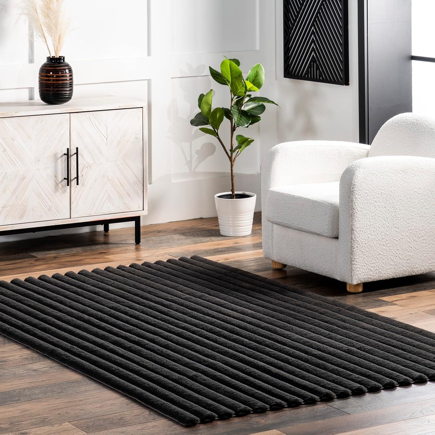 Nuloom Kai Cozy Plush Stripe Faux Rabbit Pet Friendly Premium Machine Washable Area Rug, 5' x 8', Charcoal