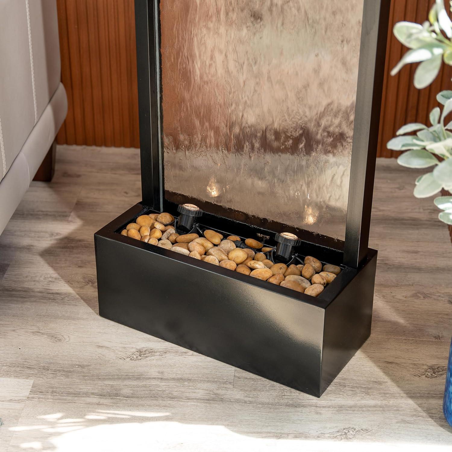 XBrand 68" H Freestanding Modern Indoor/Outdoor Waterfall Fountain w/ Decorative Rocks, LED Lights & Auto-Shut Off Pump, Aluminum/Clear Glass, Black