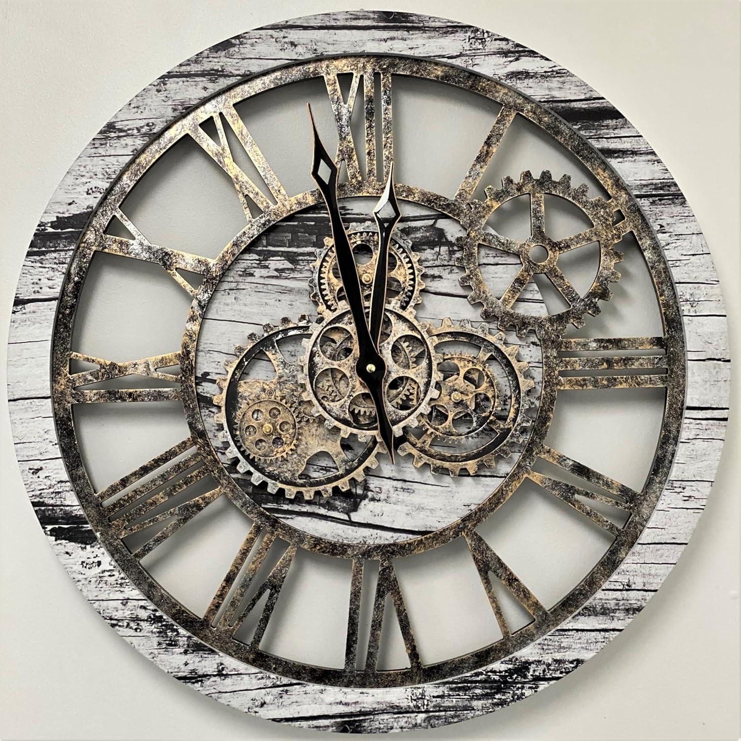 THE GEARS CLOCK Wall Clock with Real Moving Gears AM-LI_ 24 in Round Grey-White