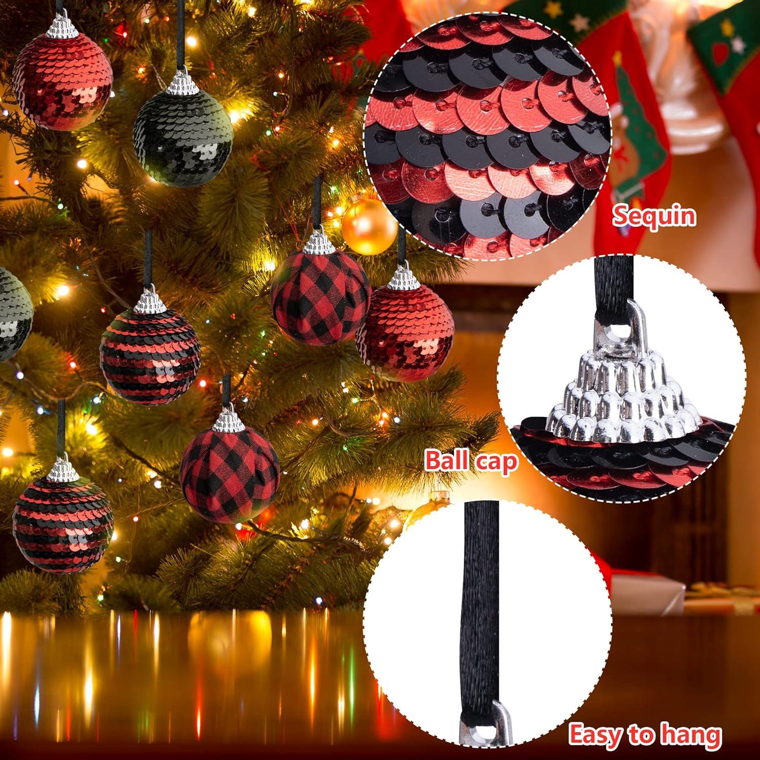 12pcs Black and Red Sequin Balls,1.96" Christmas Buffalo Plaid Hanging Balls,Shatterproof Xmas Checkered Tree Ornaments for Party Home Decor
