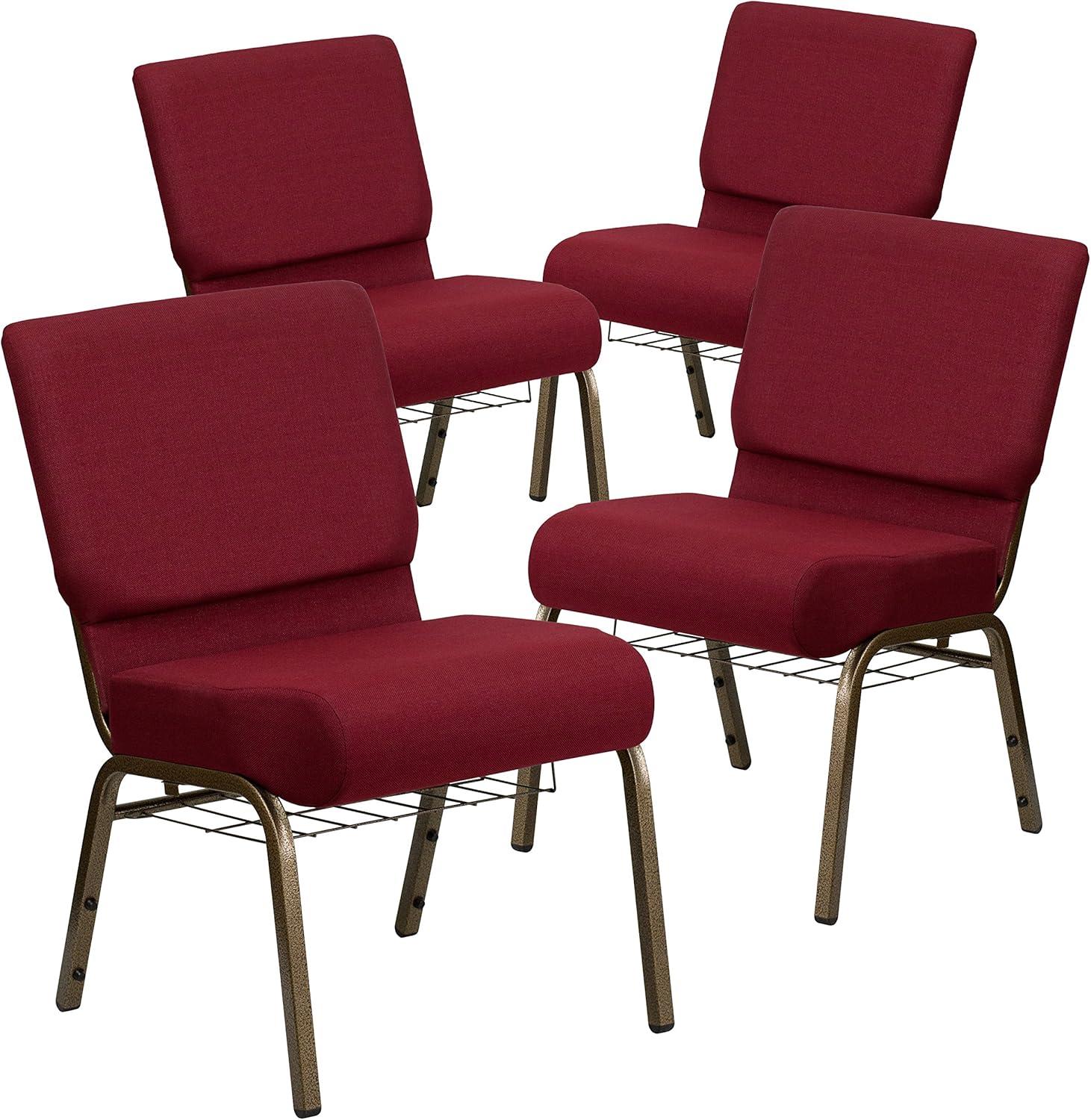 BizChair 4 Pack 21''W Church Chair in Burgundy Fabric with Cup Book Rack - Gold Vein Frame