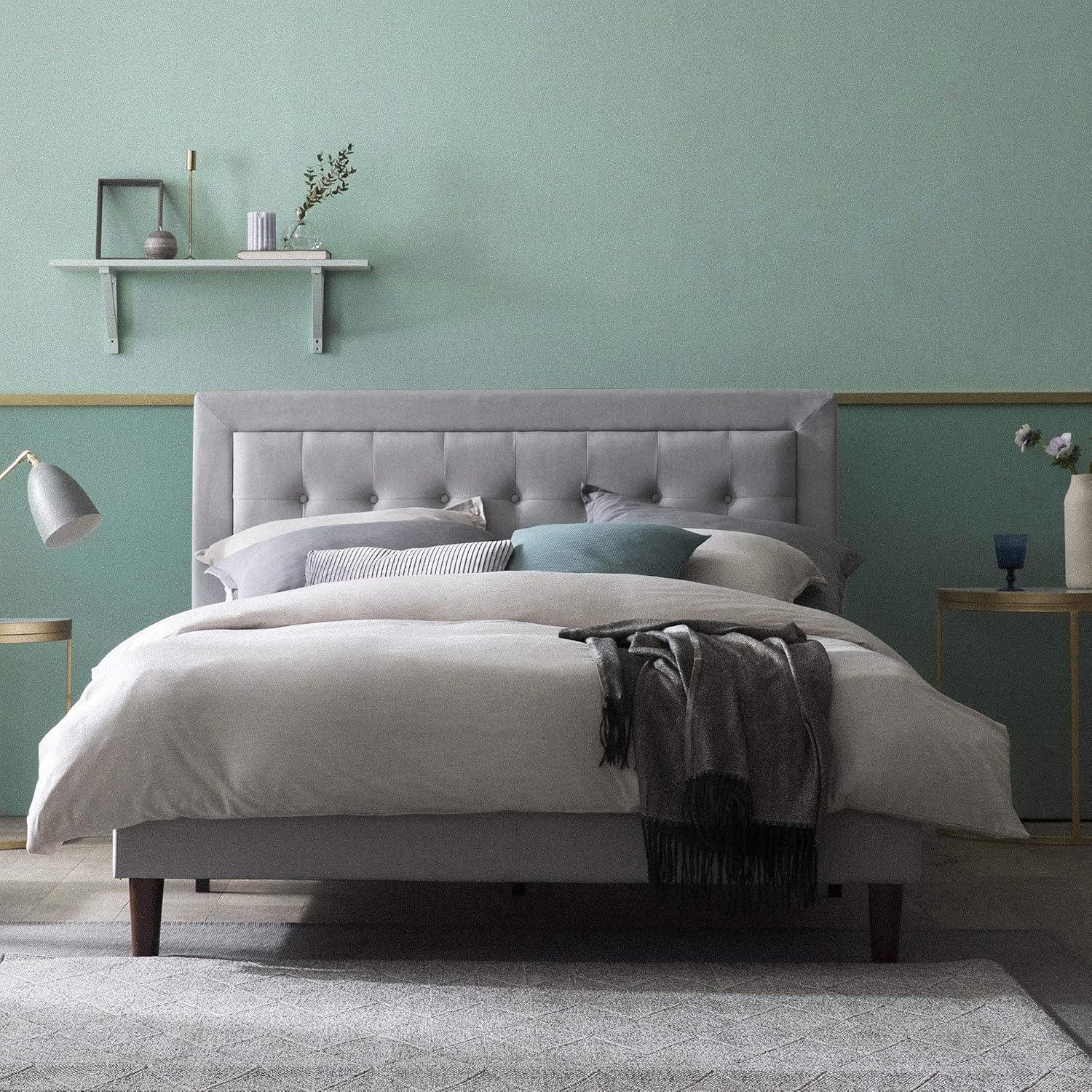 Queen Gray Upholstered Platform Bed Frame with Tufted Headboard