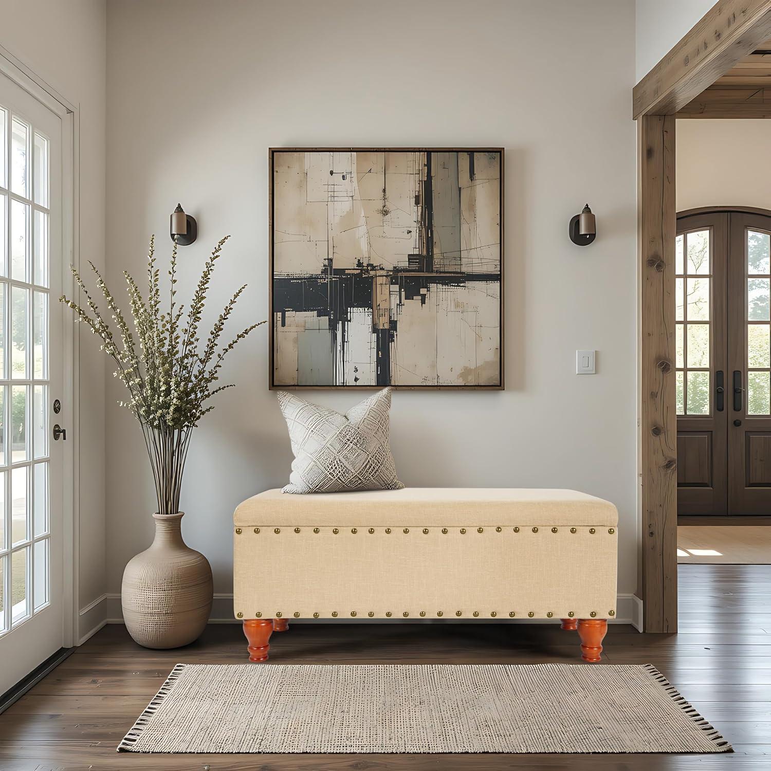 Large Storage Bench with Nailhead Tan - HomePop: Upholstered, Wood Legs, Hinged Lid