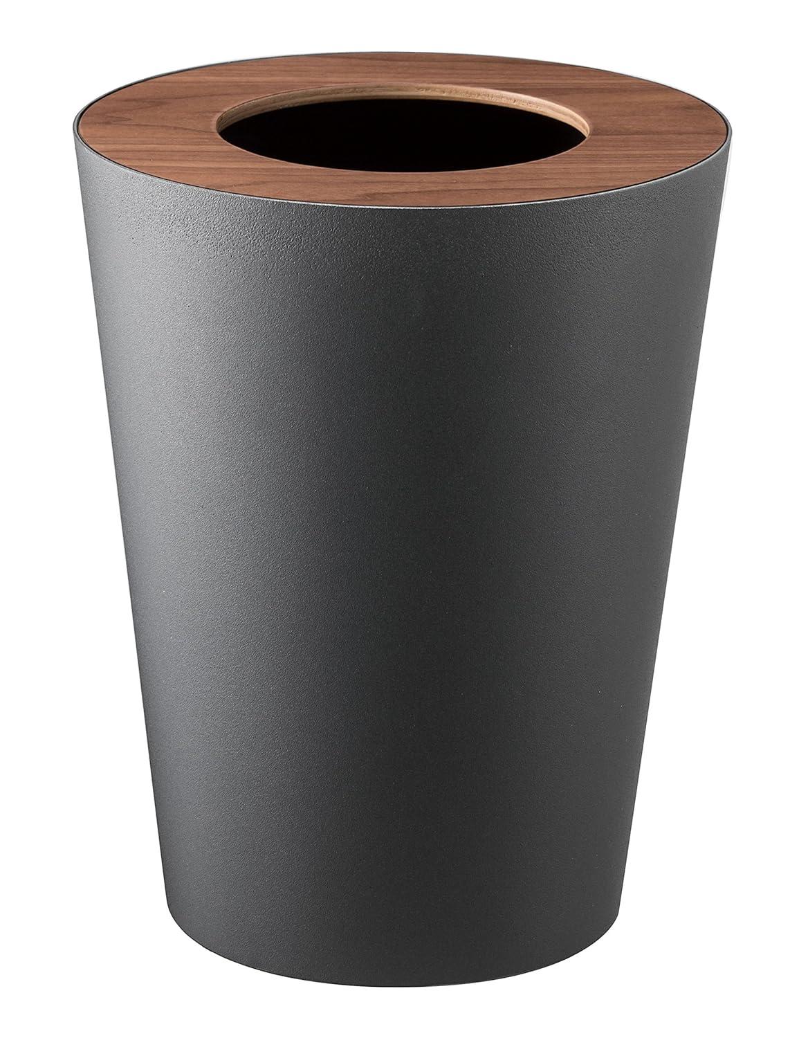 Rin Yamazaki Home Round Trash Can, 1.85 gallon Wastebasket Bathroom Kitchen Office, Steel + Wood
