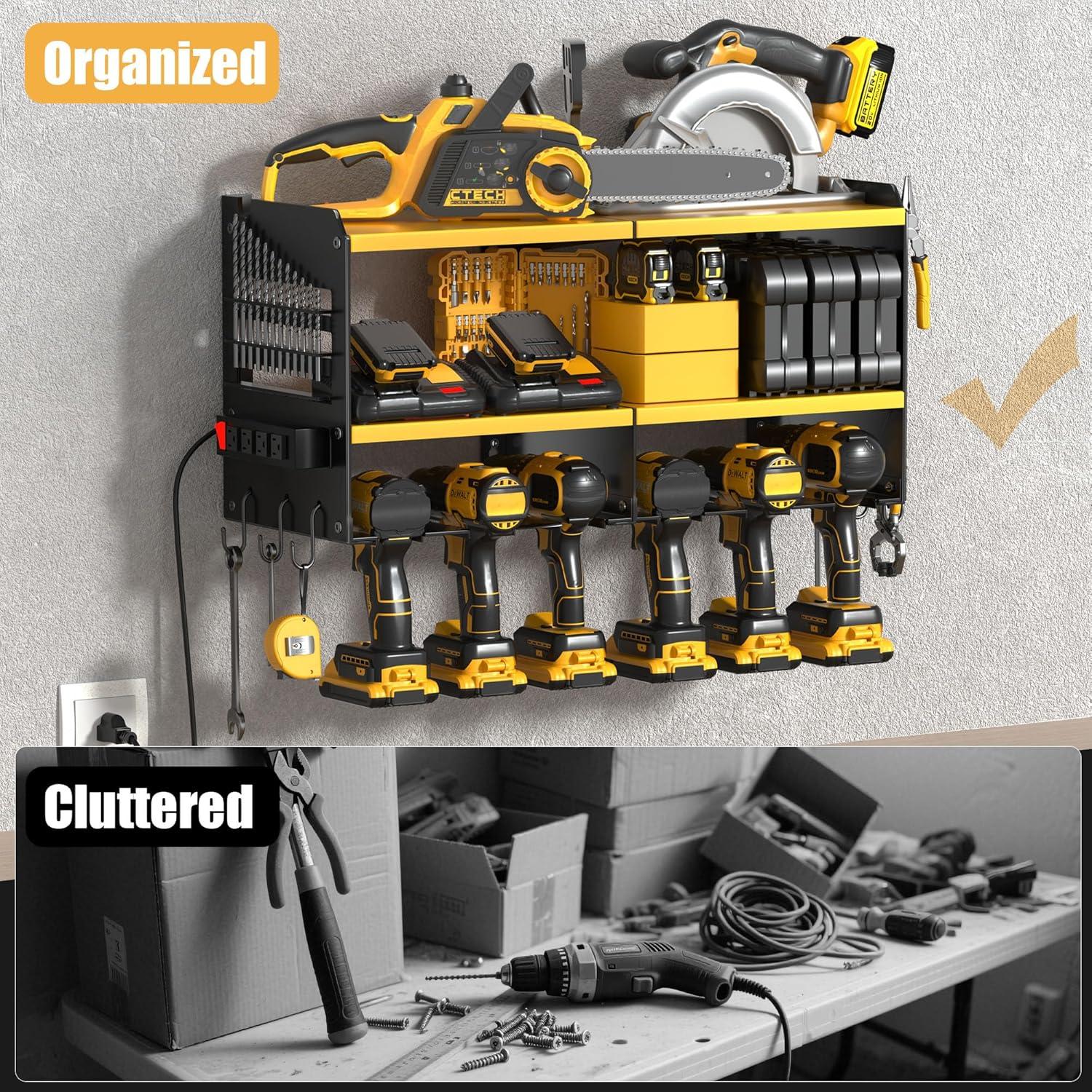 Spampur Power Tool Organizer Wall Mount with Charging Station, Garage Tool Shelf 6 Drill Holders, Tool Battery Holder with Plier holder Heavy Duty Rack, Tool Storage Rack with 4 Outlet Power Strip
