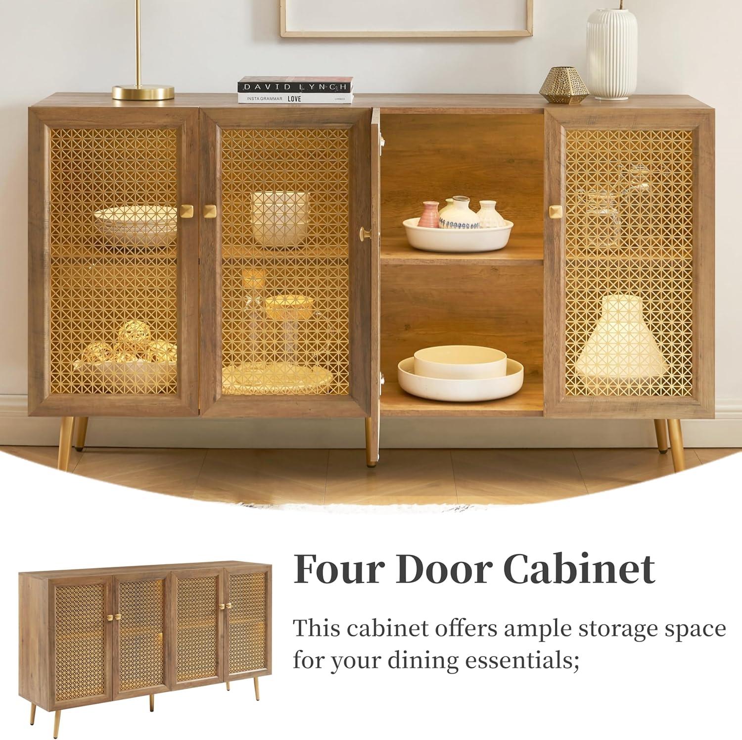 61.7''W Four Door Wood Buffets and Sideboards Storage Cabinet with LED Light Rustic Oak