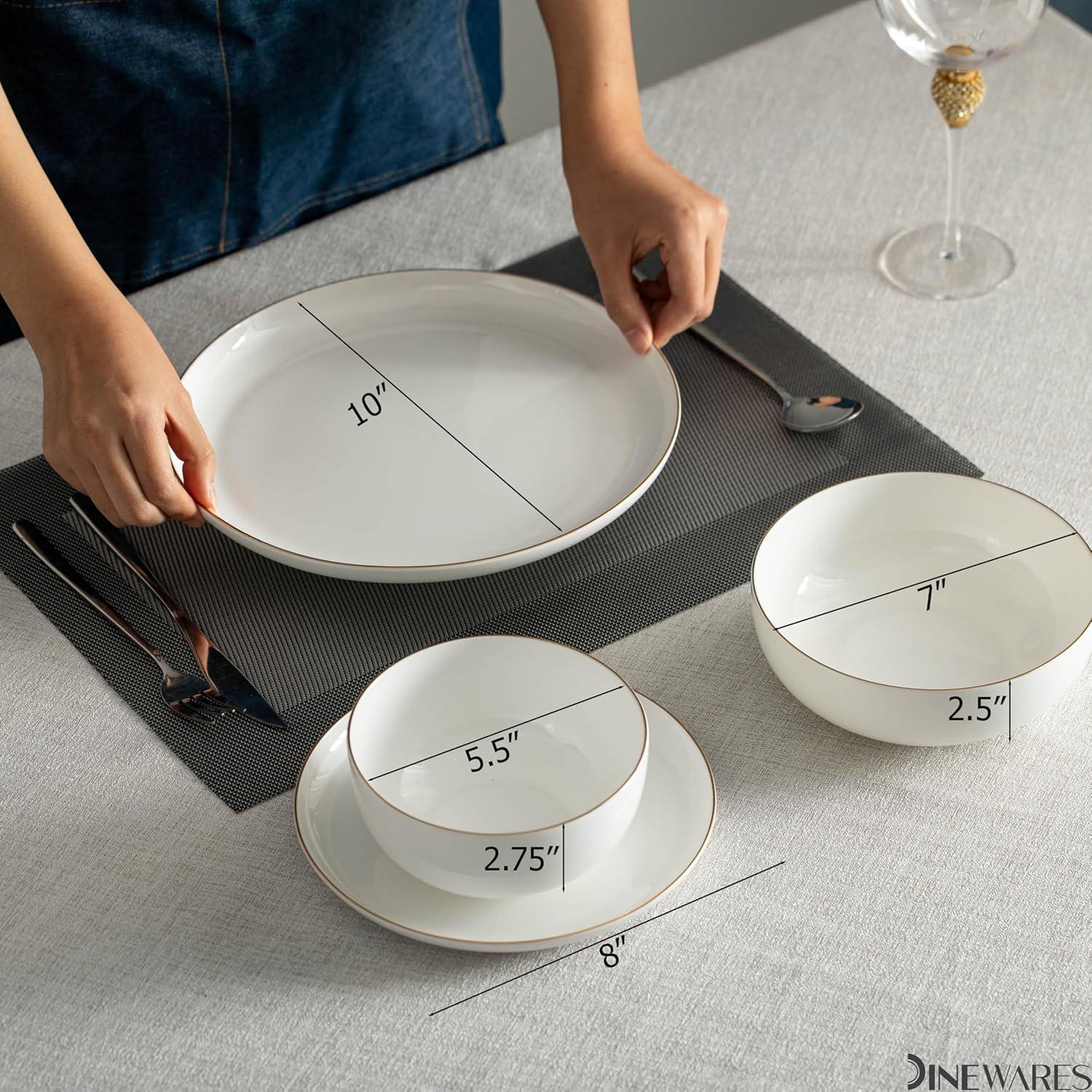 Dinewares White with Gold Rim Bone China Dinnerware Set - Service for 8, Includes Dinner Plates, Salad Plates, and Cereal or Soup Bowls