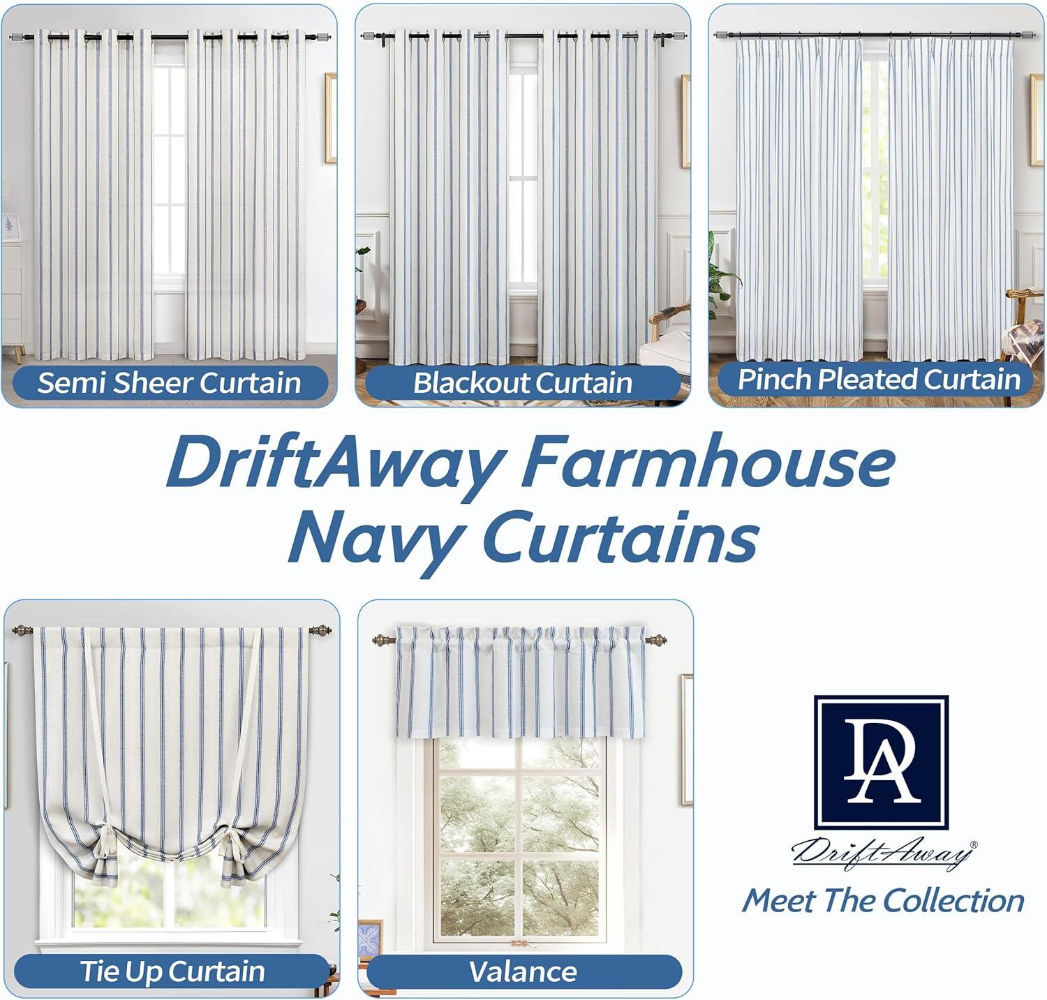 DriftAway Farmhouse Linen Blend Blackout Valance for Kitchen 18 Inch Length Vertical Striped Printed Lined Rod Pocket Room Darkening Curtain Valance for Living Room 52x18 Inch Navy