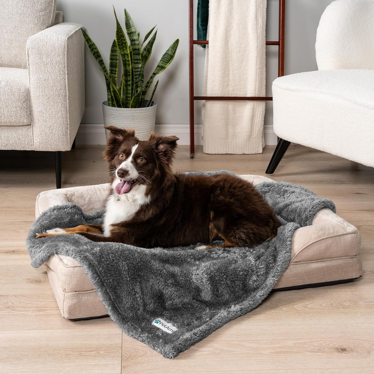 PetAmi Fluffy Dog Blanket for Pet Cat Puppy Kitten, Faux Shearling Soft Fleece Throw, Plush Reversible Washable Couch Cover