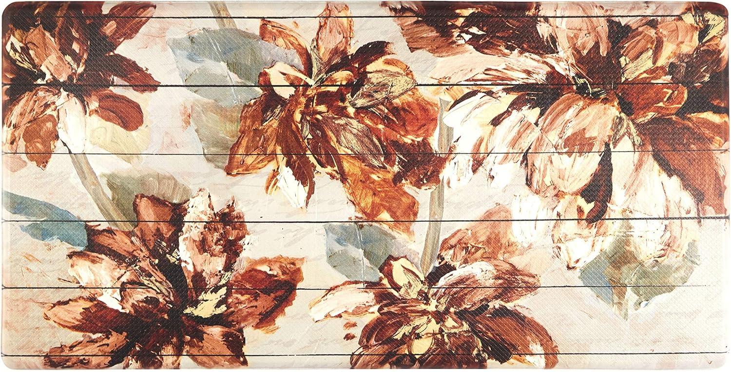 Floral Anti-Fatigue Kitchen Mat in Brown and Beige Polyurethane