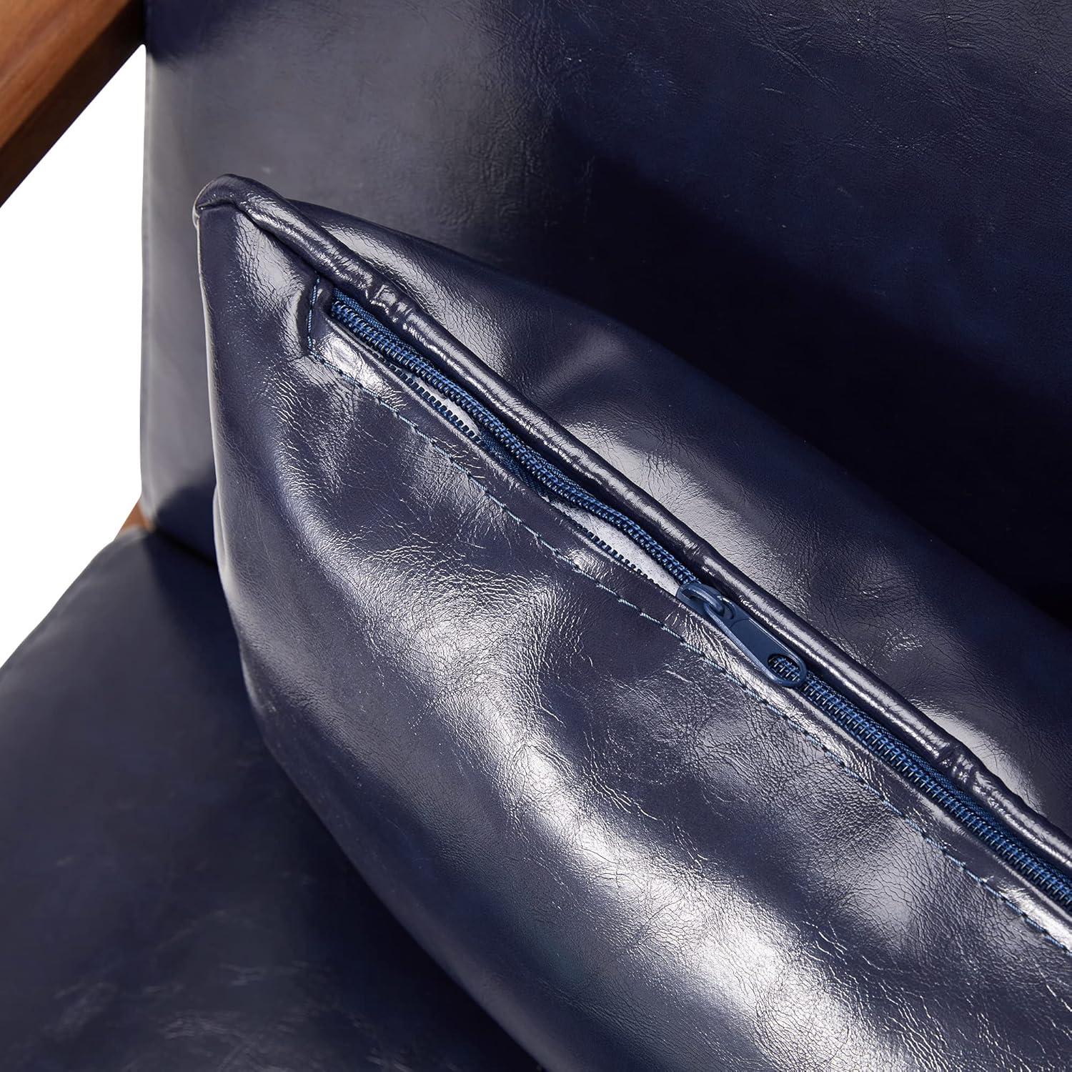 Mid-Century Modern Leatherette Arm Accent Chair Walnut Rubberwood Frame Navy Blue - Glitzhome: PU Upholstery, Tapered Legs, Office/Home Use