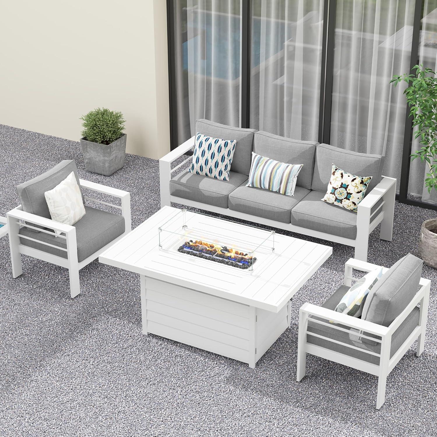 Heynemo Aluminum Patio Furniture Set with Fire Pit Table, 4 Piece Outdoor Furniture with Cushions for Balcony Backyard, White (Ship in 4 Boxes) Set of