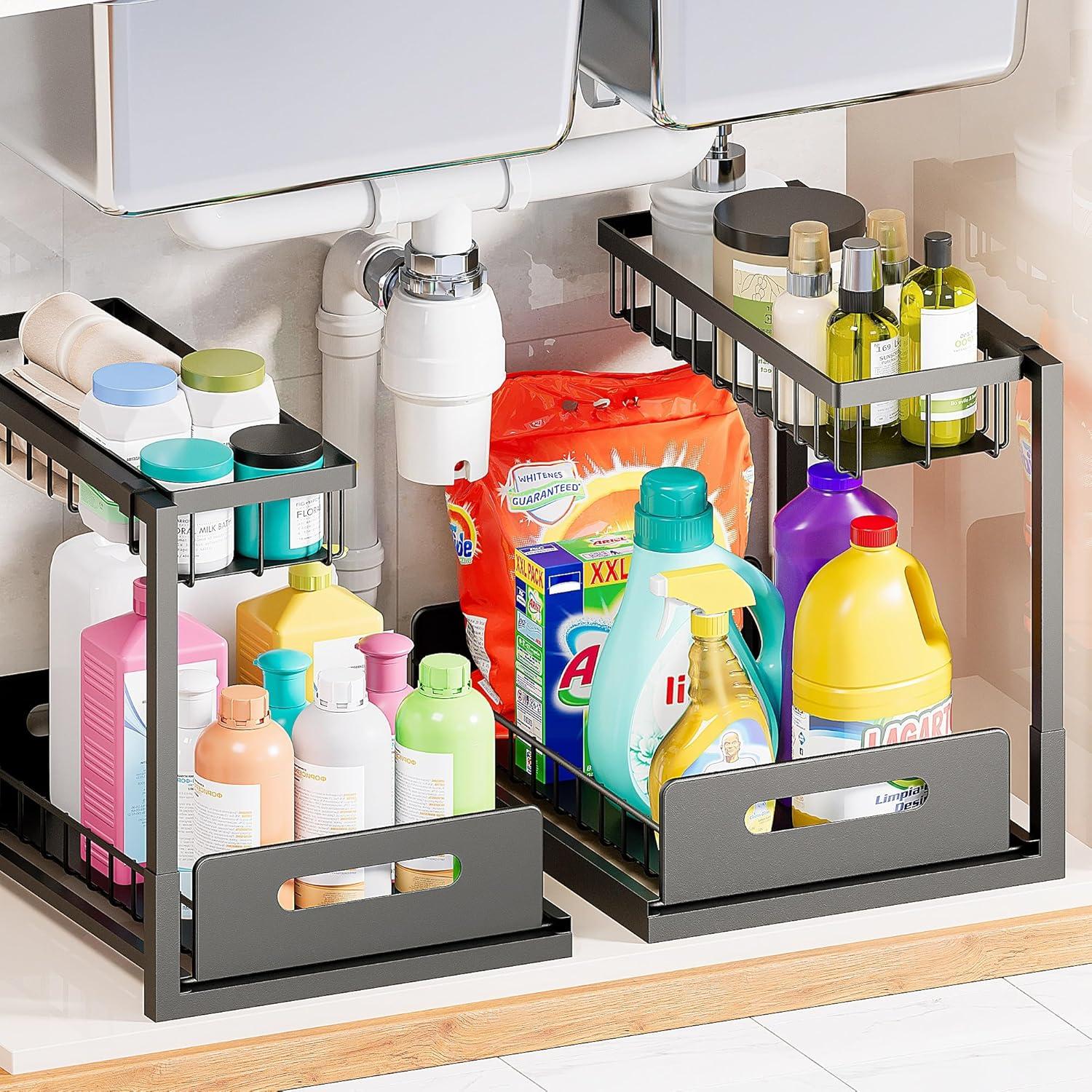 Under Sink Organizers and Storage, 2 Pack Pull Out Kitchen Bathroom Cabinet Organizer, 2 Tier Black Under Sink Storage for Bathroom Kitchen, Under Counter Storage Organizer with 8 Hooks